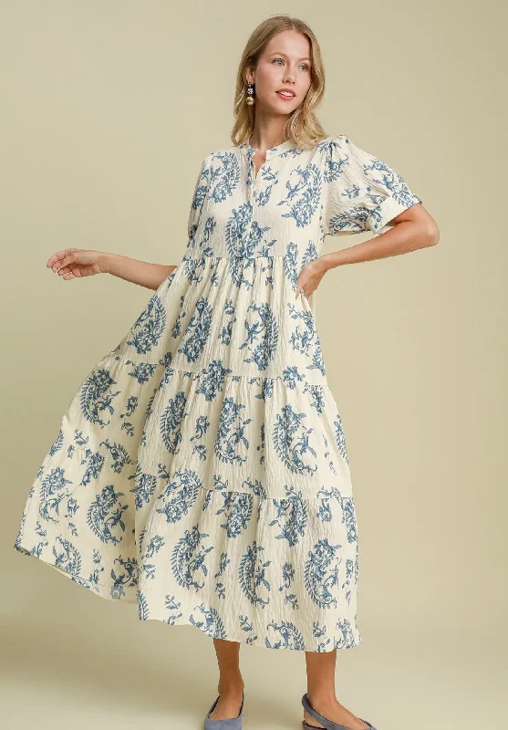 Price Meltdown UMGEE Mandarin Collar Tiered Print Maxi Dress Blue Mix
