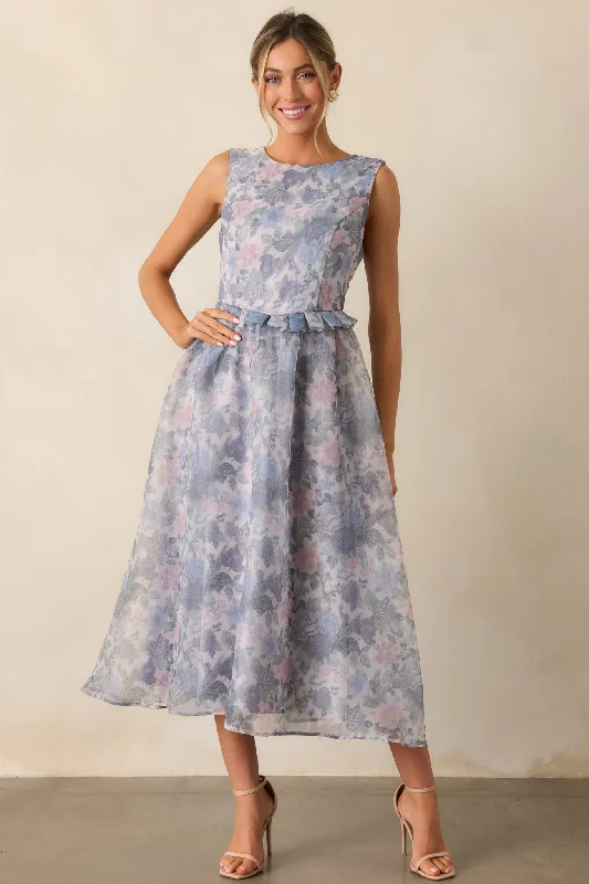 Huge Savings Painted Skies Ash Blue Floral Midi Dress