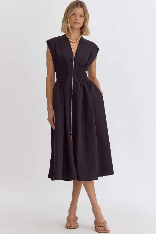 Stock Clearance Black Zipper Midi Dress