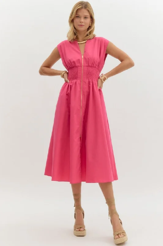 Exclusive Preview Elizabeth Zip Front Midi Dress in Magenta