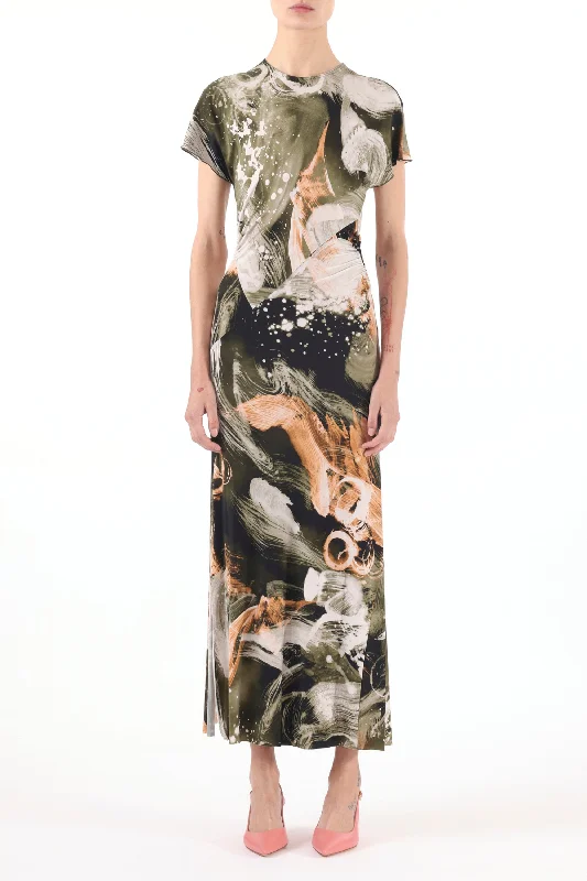 Online Only BRUSHSTROKE PRINTED JERSEY CAP SLEEVE MIDI DRESS
