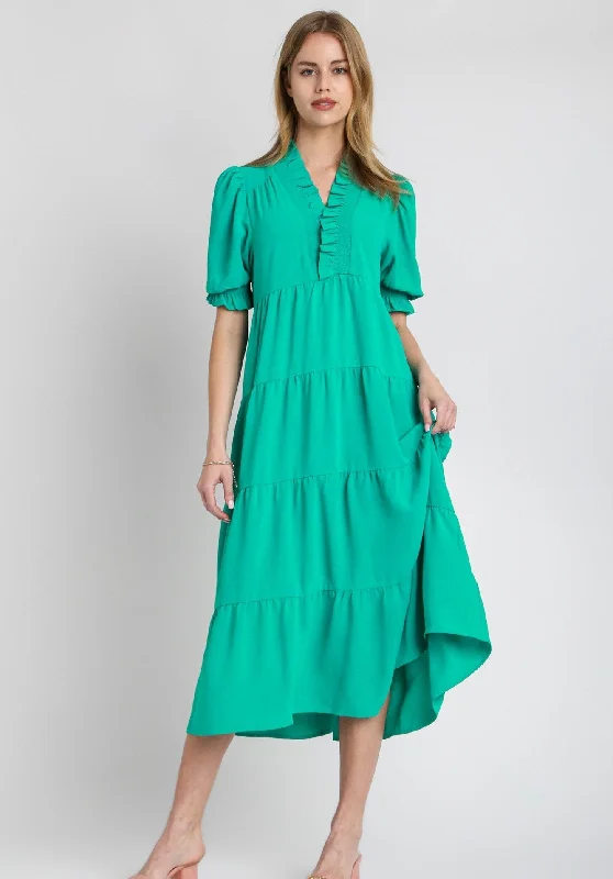 Price Drop Alert UMGEE Smocked Ruffle Neck Tiered Ruffle Puff Sleeve Midi Dress Jade