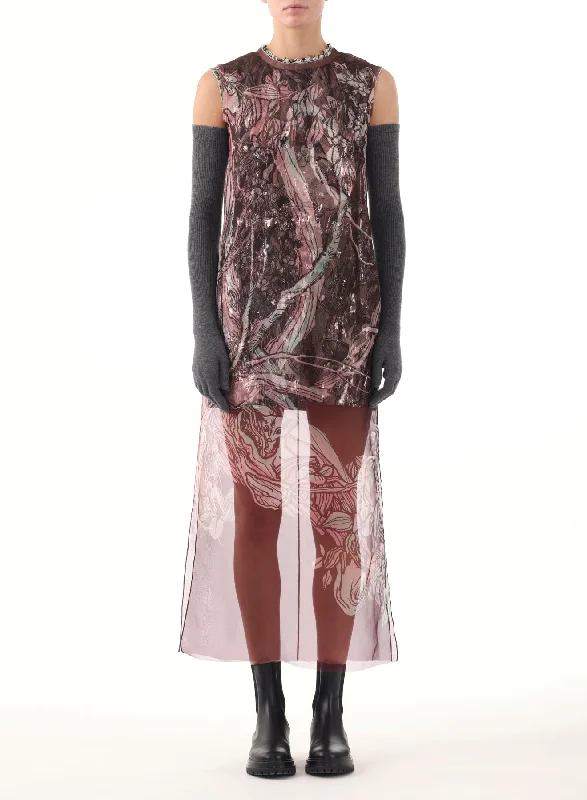 Price Reduction PRINTED ORGANZA SHEATH DRESS W/ CRINKLE FOIL UNDER