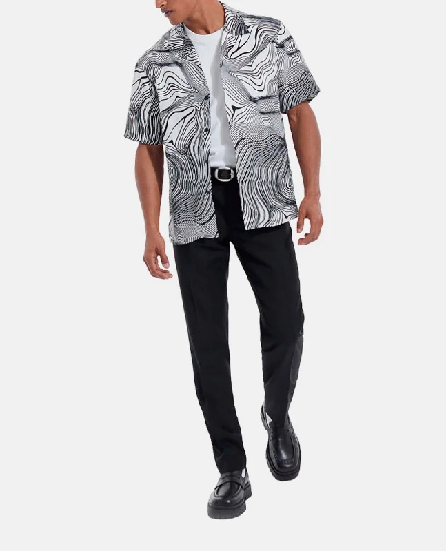 Flash Deals Two-Tone Hawaiian-Collar Shirt With Motif | Men | White x Black