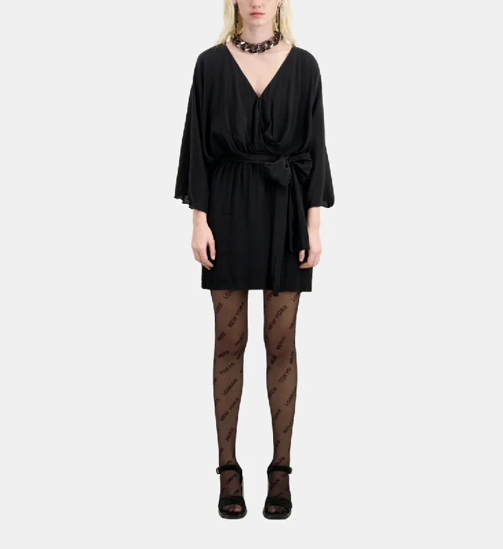 Quick Sale Short Belted Kimono Dress In Silk Viscose | Women | Black