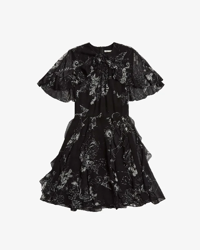 Time-Limited Offer SHORT SLEEVE PRINTED CHIFFON DRESS W/CAPE & RUFFLE DETAIL