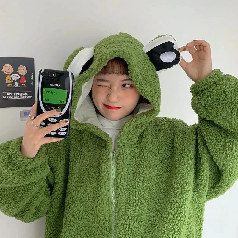 New Markdowns Christmas Gift Frog Eyes Hooded Sweatshirt  Autumn Winter Zip-up Plush Fleece Oversized Hoodies Women Thicken Keep Warm Kawaii Outwear Tops