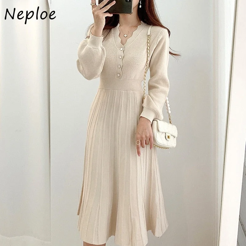 Exclusive Savings Awakecrm Joskaa Temperament Elegant V-neck Maxi Dresses Women Single-breasted Knitted Woman Dress Long Sleeve Pleated  New Vestidos