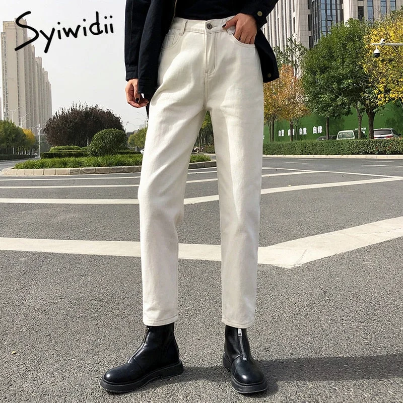 Blowout Deals Awakecrm Syiwidii Elastic Waist Jeans for Women High Wais Denim Harem Pants Casual Female Mom Jeans Korean Fashion  Black Beige Blue