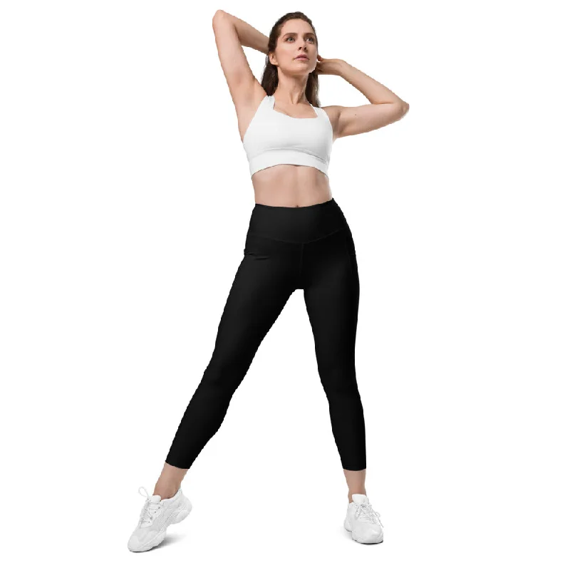 Deal Mania Black Solid Color Women's Tights, Women's 7/8 Leggings With 2 Side Pockets - Made in USA/EU/MX