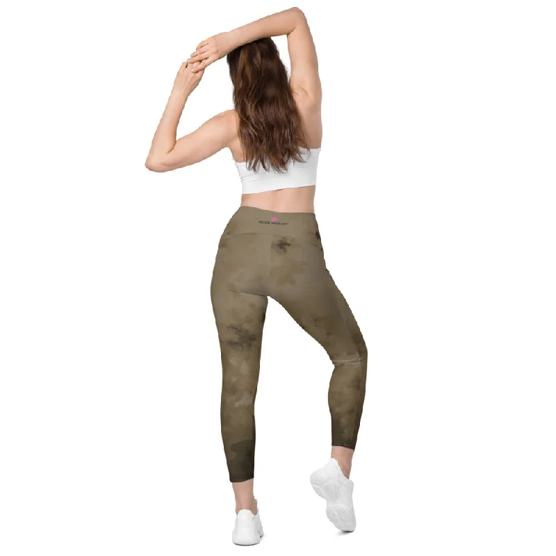 Online Specials Brown Abstract Women's Tights, Abstract Best Leggings With Pockets For Women - Made in USA/EU/MX