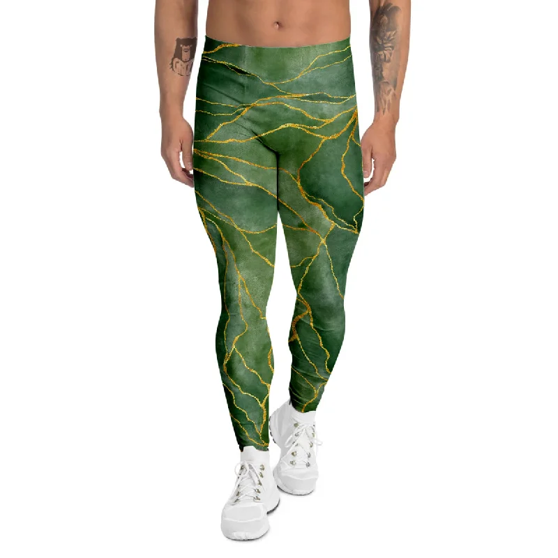 Low Prices Green Golden Cracked Marble Print Men's Leggings