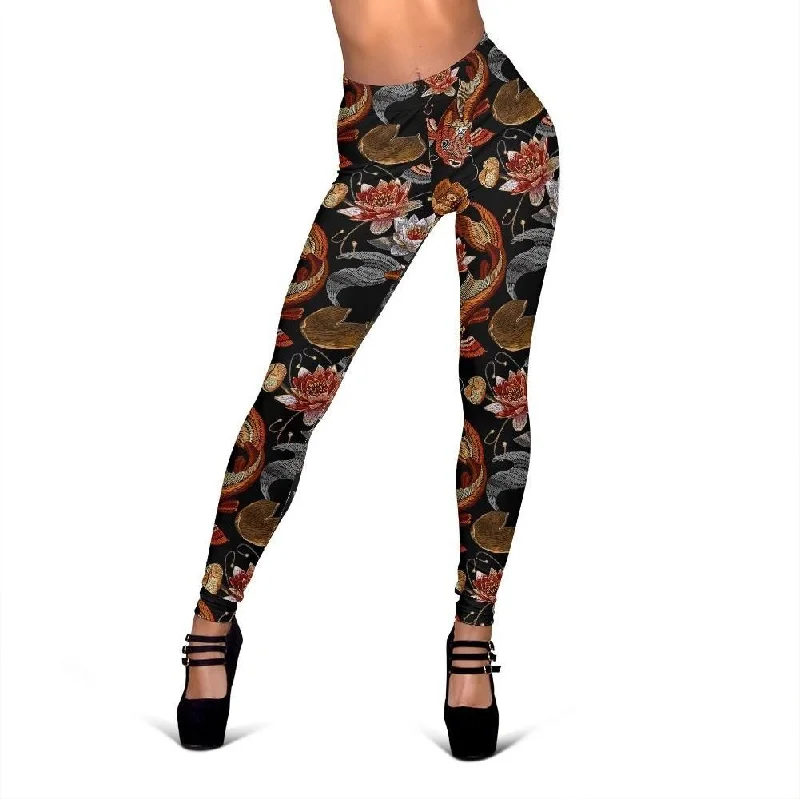 Value Deals Koi Fish Crochet Lotus Pattern Print Women Leggings