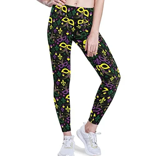 New Deals visesunny High Waist Yoga Pants with Pockets Mardi Gras Mask Feather Heart Confetti French Lily Tummy Control Workout Running Yoga Leggings for Women