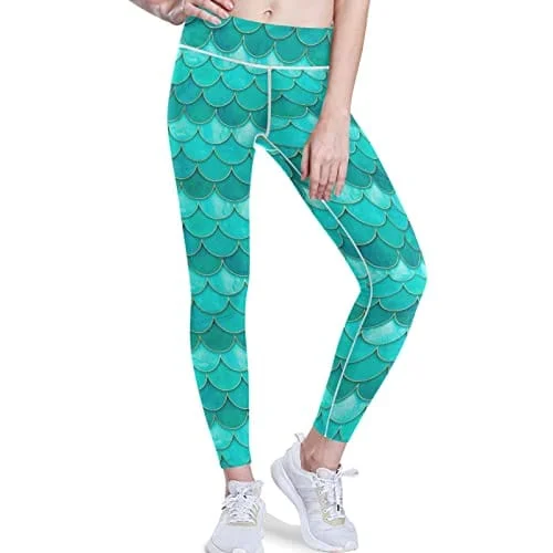 Crazy Deals visesunny High Waist Yoga Pants with Pockets Pretty Blue Mermaid Scale Buttery Soft Tummy Control Running Workout Pants 4 Way Stretch Pocket Leggings