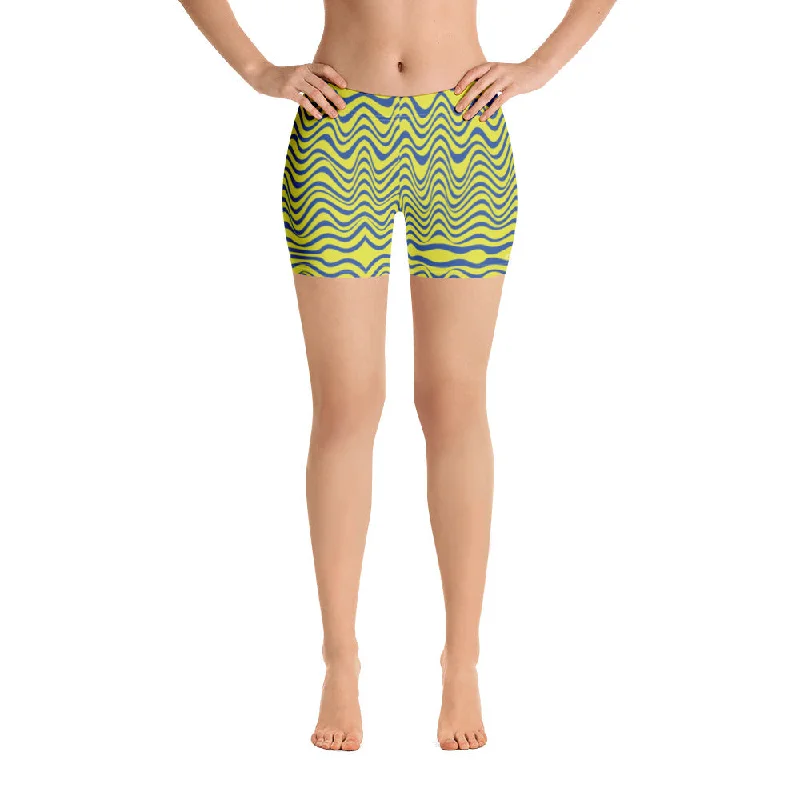 Epic Deals Yellow Curvy Women's Shorts, Wavy Blue Yellow Abstract Ladies' Gym Tights-Made in USA/EU