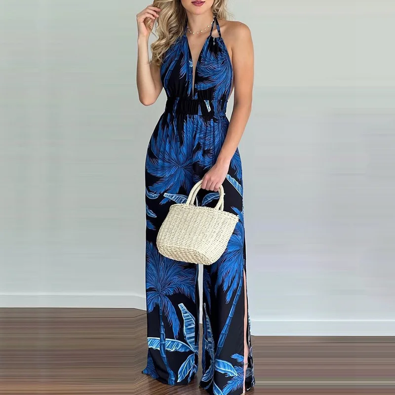 Exclusive Savings Women Vacation Bohemian Halter Neck Sleeveless All Over Print Loose Jumpsuits 2