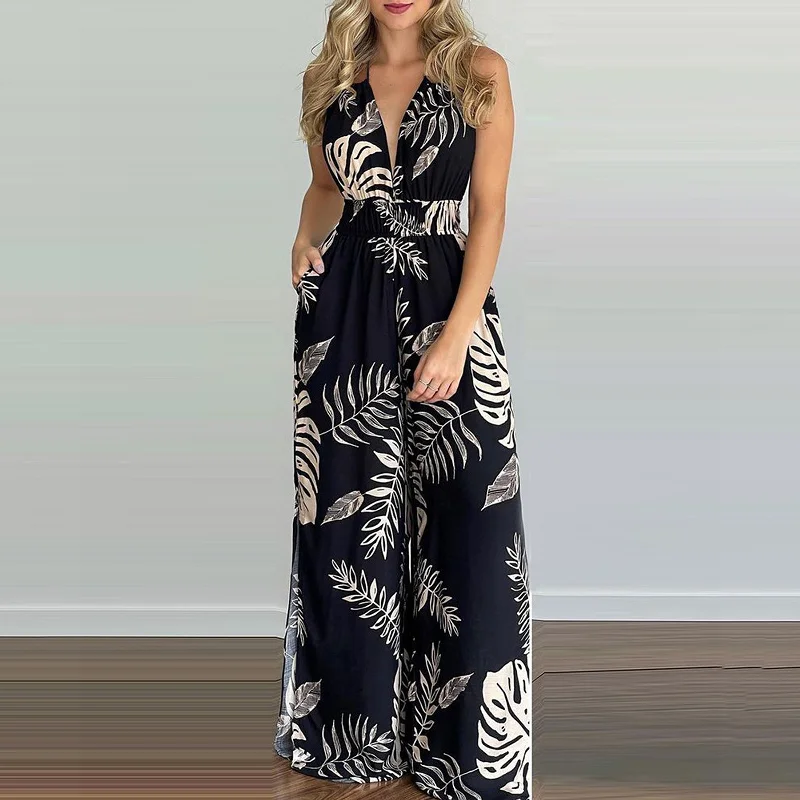 Fantastic Offers Women Vacation Bohemian Halter Neck Sleeveless All Over Print Loose Jumpsuits 1
