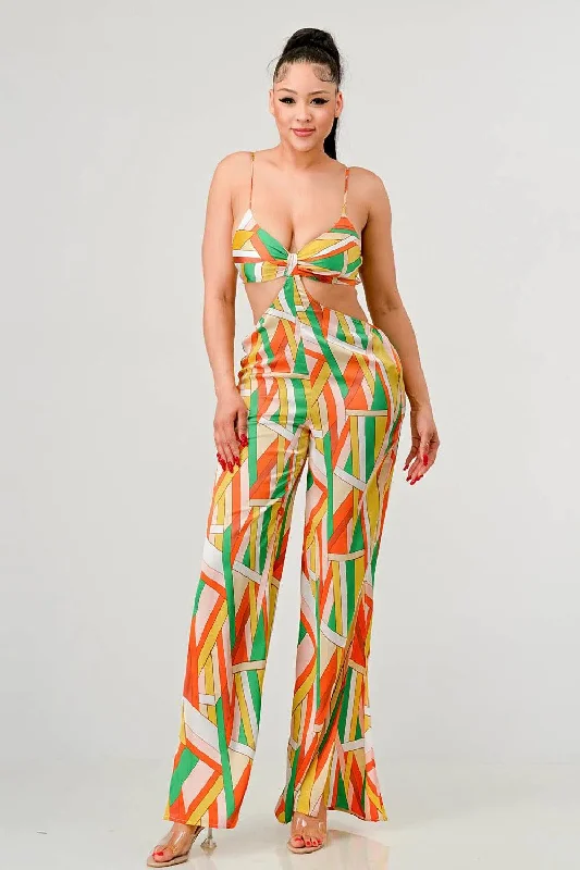 Markdowns Luxe geo print satin bra top and palazzo jumpsuit