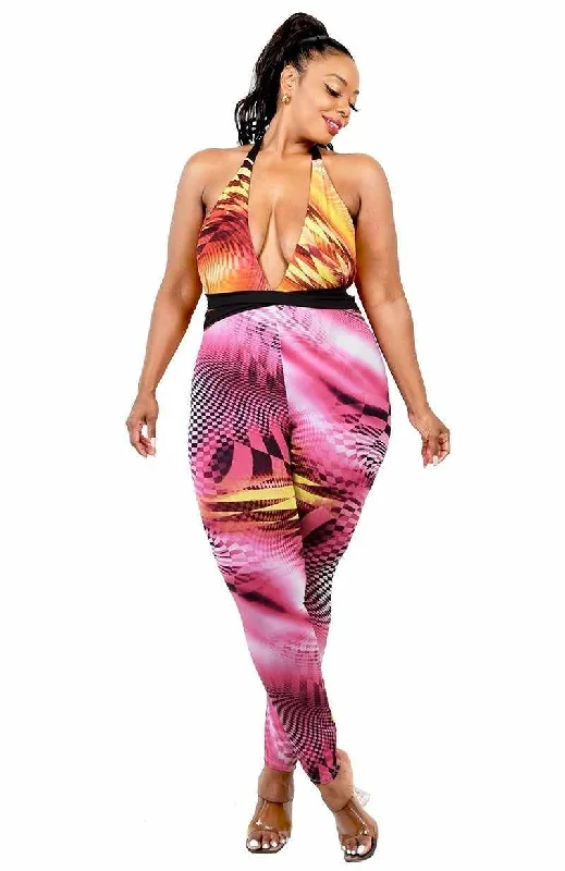 Super Bargain Plus Size Fuchsia/Yellow Criss Cross Mock Neck Jumpsuit