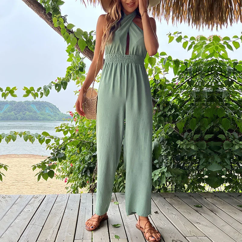 Savings Alert Women Cross Halter Strap Open Back Jumpsuit