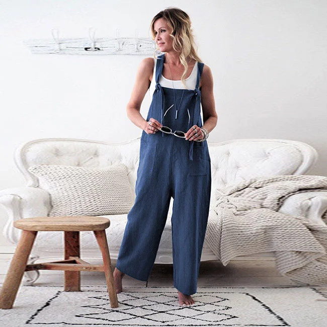 Limited Time Discount Women Solid Color Plus Size Pocket Patchwork Sling Jumpsuits