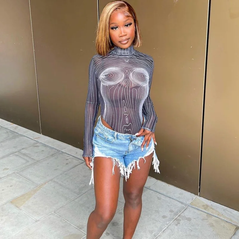 Steals and Deals Women'S Sexy Mesh Stripe Print See-Through Bodysuit